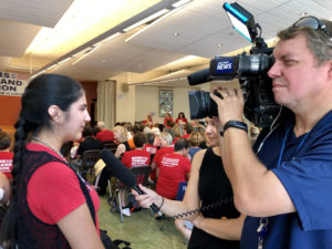 Photo: Lindsay K. Saunders Leah Krevat speaking to Spectrum News on August 17, 2019 about gun sense.